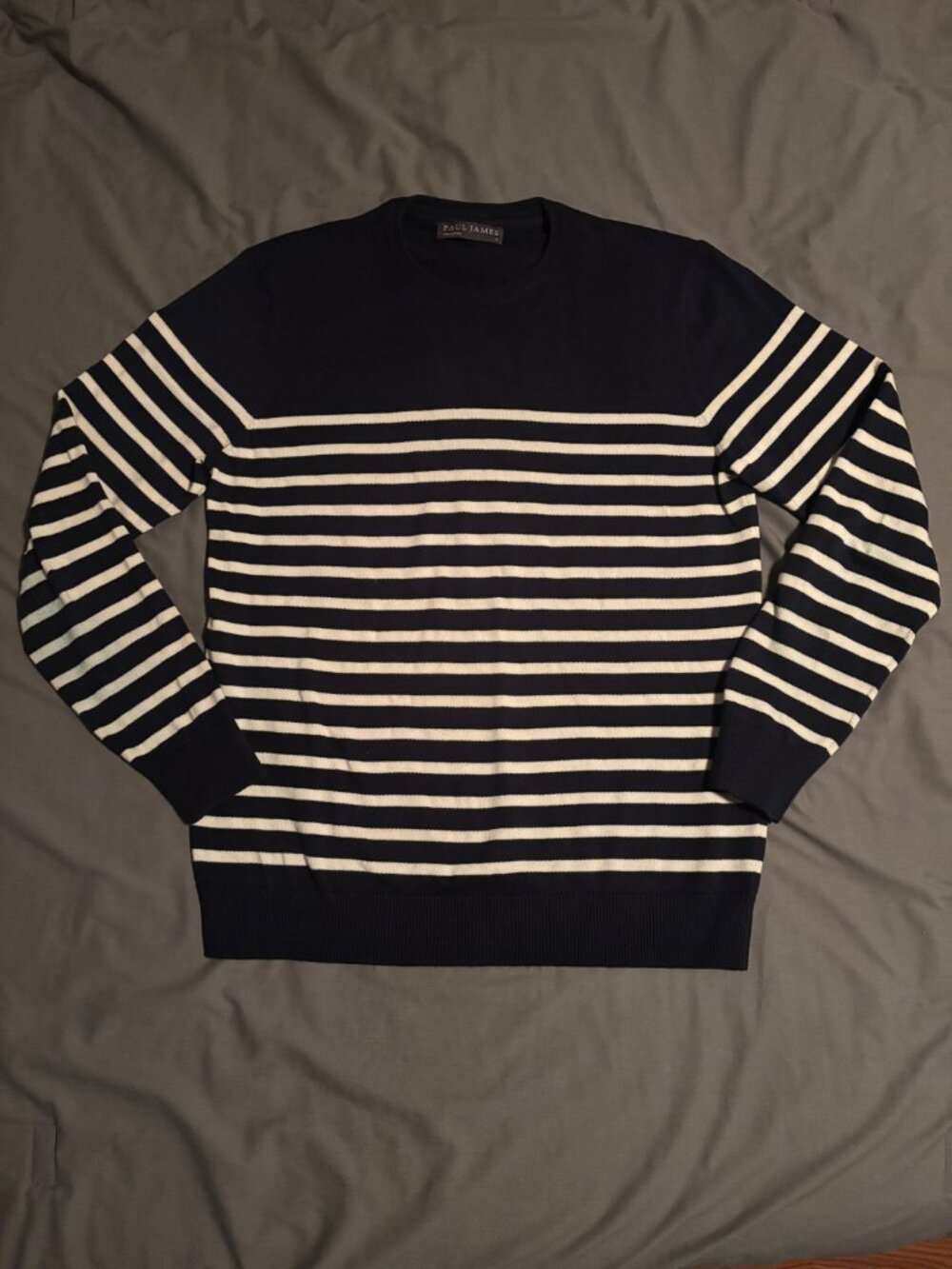 Paul James Men’s M Navy Navy Cream Stripe Cotton Knit Crewneck Sweater Nautical